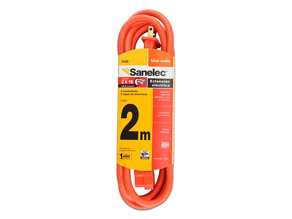 Extensión de alimentación Santul 2406, de uso rudo con 3 contactos, 2m. Color Naranja.