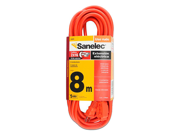 Extensión de alimentación Santul 2409, de uso rudo con 3 contactos, 8m. Color Naranja.