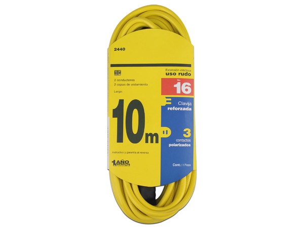 Extensión de alimentación Santul 2440 de uso rudo con 3 contactos, 10m. Color Amarillo.
