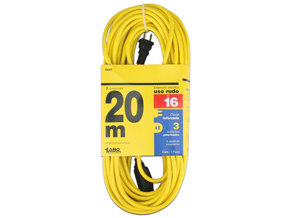 Extensión de alimentación Santul 2442 de uso rudo con 3 contactos, 20m. Color Amarillo.
