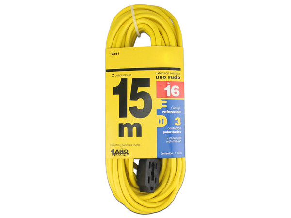 Extensión de alimentación Santul KR324412 de uso rudo con 3 contactos, 15m. Color Amarillo.
