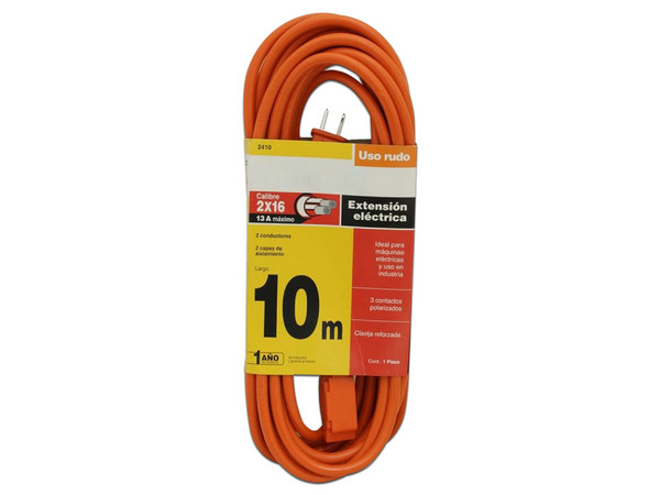 Extensión de alimentación Santul SE324108 de uso rudo con 3 contactos, 10m. Color Naranja.