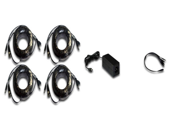 Paquete Saxxon 4 Cable de alimentación Saxxon para cámaras de vigilancia con 2 conectores BNC y 2 conectores de energía de 20m. Incluye 1 Fuente de Poder Regulada Saxxon PSU1204D y 1 Divisor de energía tipo pulpo Saxxon PSUWB07.
