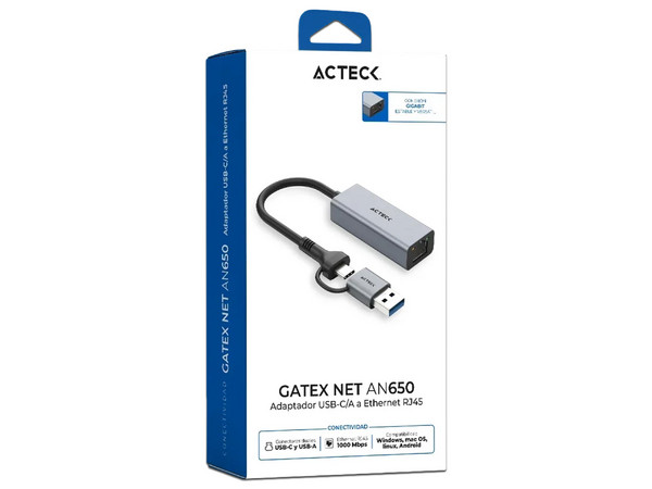 Adaptador de Red USB Acteck Gatex Net AN650, USB Tipo A/C a RJ-45 (M-M). Color Gris.