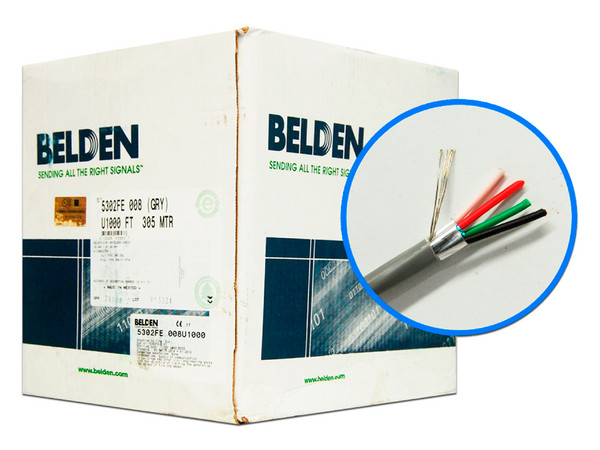 Cable de audio Belden 5302FE, caja con 305m, 18 AWG, 4 Lineas de cable. Color Gris.