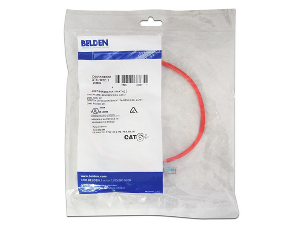 Cable de Red (Patch Cord) Belden, Cat6, 0.6m. Color Rojo.