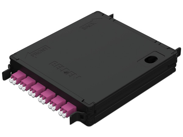 Panel de 6 Adaptadores de Fibra Óptica LC Dúplex Belden FC4X06LDFS, Soporta 12 Fibras, Color Negro.