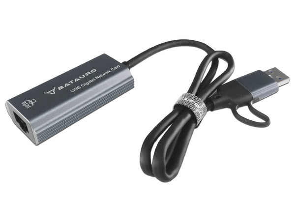 Adaptador de Red Batauro AD-C1000MBRJ, USB Tipo C, USB Tipo A 3.0, RJ-45, 1Gbps, Aluminio. Color Plata.