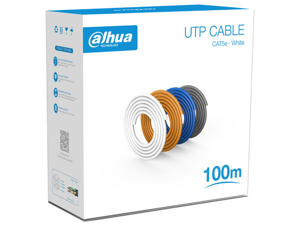 Bobina de Cable DAHUA PFM920I-5EU-U-100, 100 Mts de Cable UTP, Cat5e, 100% Cobre, Cubierta Retardante de Flama con Certificación ANSI. Color Blanco.
