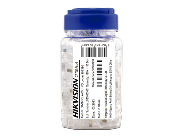 Plugs RJ-45 Hikvision DS-1M5EUA-30U, Cat 5e, bote con 100 piezas.