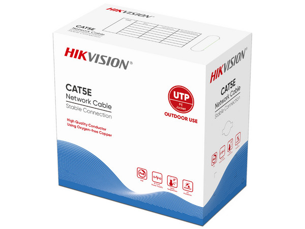 Bobina de Cable UTP Hikvision 305 Mts Cat 5E 24 AWG Exterior 100% Cobre para CCTV, Redes y Enlaces Inalámbricos Color Negro.