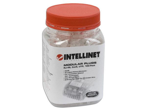 Plugs RJ-45, Cat 5e, UTP, bote con 100 piezas