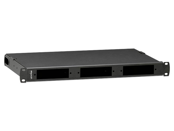 Panel Leviton Opt-x 500i SDX de Distribución y Empalmes de Fibra, hasta 72 fibras LC por unidad, Instalación en Rack, 1UR. Color Negro.