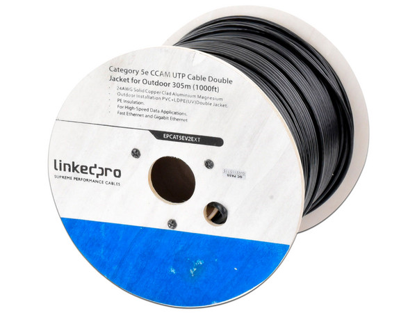Bobina de Cable Linkedpro Cat5e, 24 AWG, 305m, Aleación de Cobre y Aluminio, Doble Forro, uso exterior. Color Negro
