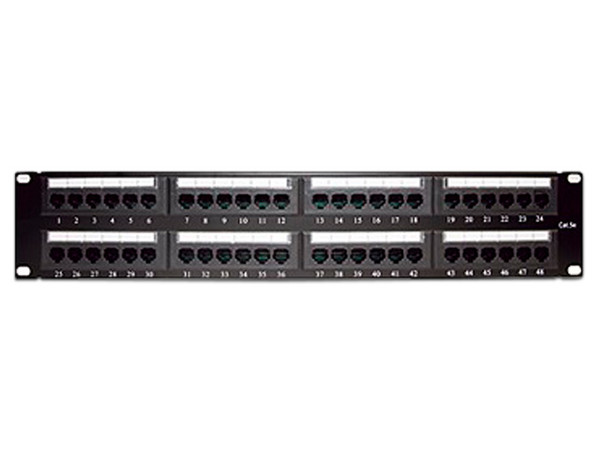Panel de parcheo de impacto (110) UTP de 48 puertos, Cat5e 19in, 2U con barra para organizar cable.