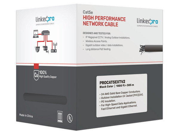 Bobina de cable FTP LinkedPro PRO-CAT-5-EXT-V2 de 305 m, para aplicaciones en CCTV, redes de datos. Color Negro