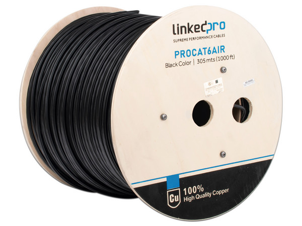 Bobina de cable LinkedPro PRO-CAT-6-AIR, FTP con Mensajero de Acero, Cat6, Calibre 23AWG, 305m. Color Negro.