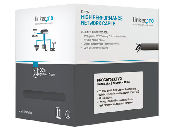 Bobina de Cable UTP Linkedpro, Cat6+, 305m, Blindado, AWG23, para exterior. Color Negro