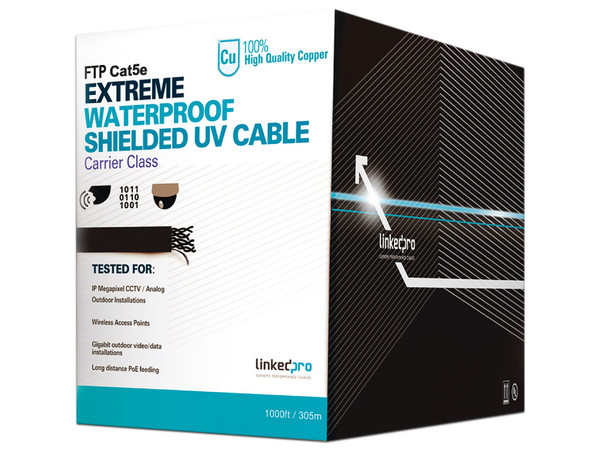 Bobina de Cable Linkedpro, Cat5e (UTP), 305m, 24AWG, Cobre, para intemperie, sin blindaje. Color Negro.