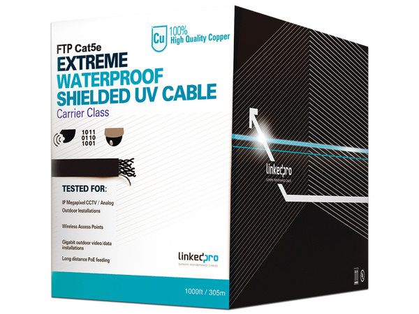 Bobina de Cable Linkedpro Cat5e, 24 AWG, 305m, Flexible, para aplicaciones de videovigilancia y redes de datos, uso exterior. Color Negro
