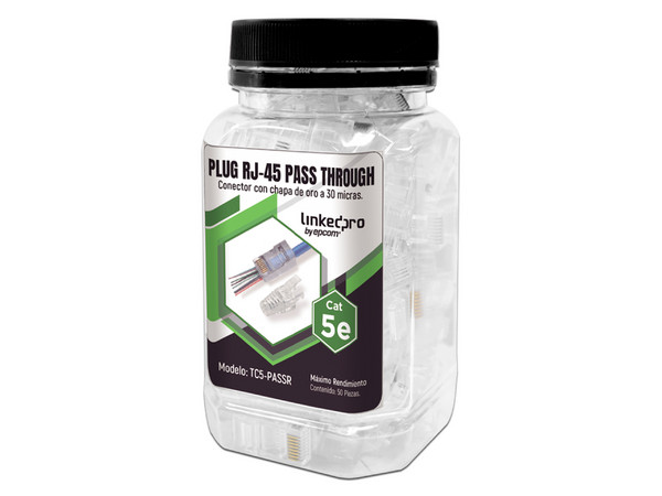 Plugs RJ-45 LinkedPro Pass Through, Cat5e sin blindaje, Bote con 50 piezas, Alivio de tensión incluido, Chapado en Oro.