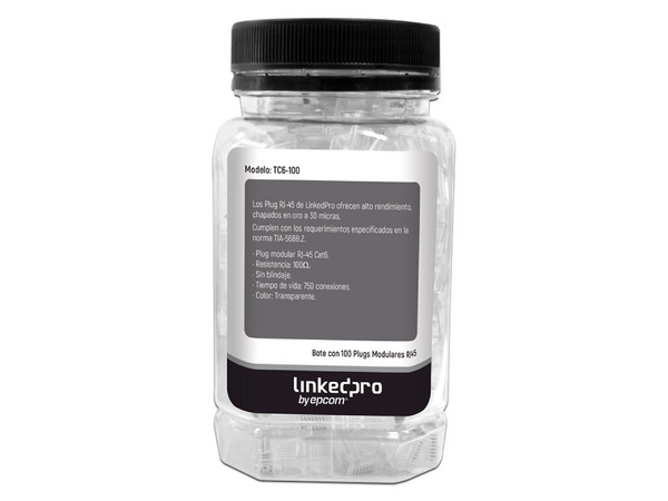 Plugs RJ-45 LinkedPro TC6-100, Cat 6, chapado de oro a 30 micras, bote con 100 piezas.