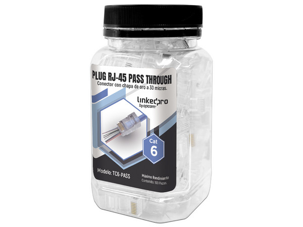 Bote con 100 Plugs Pass through RJ45 Cat6 sin blindaje, chapado de oro a 30 micras para durabilidad extrema.