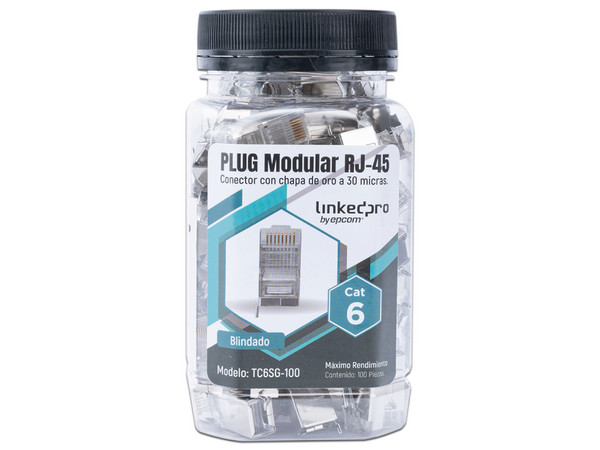 Plugs RJ-45 LinkedPro TC6SG-100, Cat 6, chapado de oro a 30 micras, bote con 100 piezas.