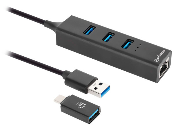 Adaptador de red Manhattan USB-A acoplador para USB-C con Hub de 3 puertos USB-A 3.2. Color Negro.
