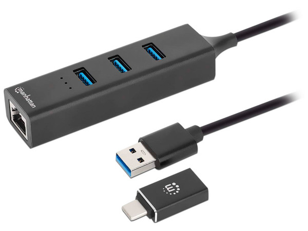 Adaptador de red Manhattan USB-A acoplador para USB-C con Hub de 3 puertos USB-A 3.2. Color Negro.
