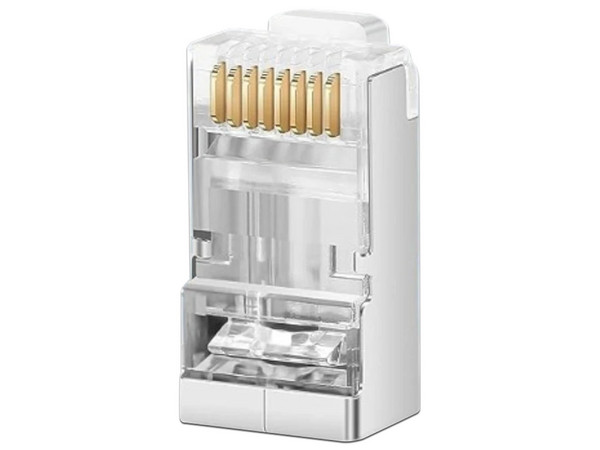 Bote con 100 Plugs Pass through RJ45 Cat6 Blindado, chapado de oro a 30 micras para durabilidad extrema.