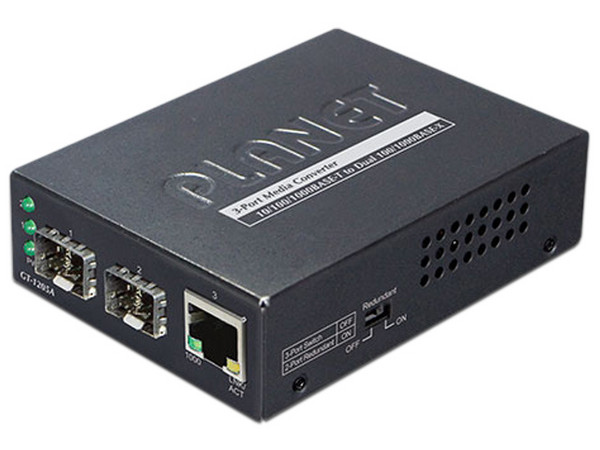 Convertidor de Medios PLANET GT-1205A de RJ45 a 2 SFP, 1000 Mbps. Color Negro.