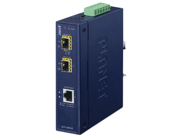 Convertidor de Medios Industrial PLANET IGT-1205AT de RJ45 a 2 SFP, 1000 Mbps. Color Azul.