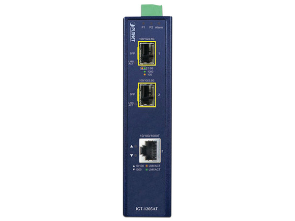 Convertidor de Medios Industrial PLANET IGT-1205AT de RJ45 a 2 SFP, 1000 Mbps. Color Azul.