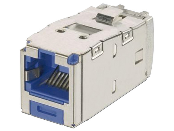 Conector Jack Blindado Panduit Mini-Com RJ45 Cat 6A, UTP de 8 Posiciones para 8 Cables, Color Azul.