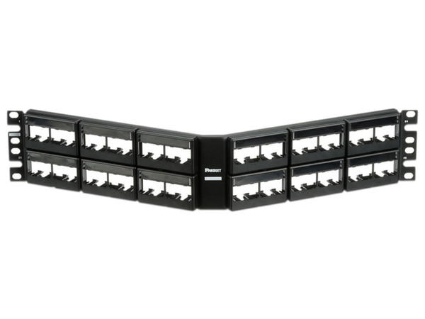 Panel de Parcheo Modular Mini-Com, Angulado, Sin Blindaje, Con Etiqueta y Cubierta, de 48 puertos, 2UR.