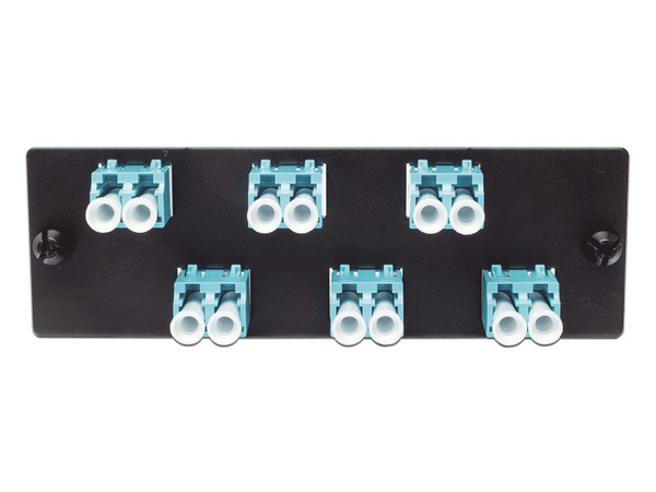 Placa Acopladora de Fibra Optica Panduit, Con 6 Conectores LC Duplex, Para Fibra Multimodo OM3/OM4, Color Aqua.