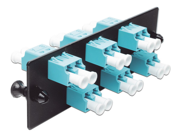 Placa Acopladora de Fibra Optica Panduit, Con 6 Conectores LC Duplex, Para Fibra Multimodo OM3/OM4, Color Aqua.