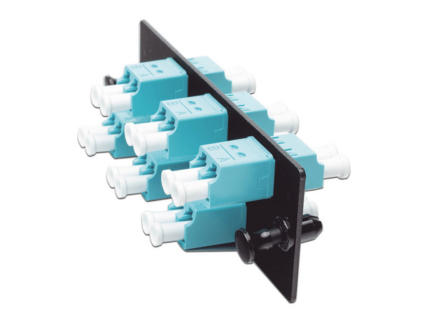 Placa Acopladora de Fibra Optica Panduit, Con 6 Conectores LC Duplex, Para Fibra Multimodo OM3/OM4, Color Aqua.