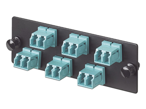 Placa Acopladora de Fibra Optica Panduit, Con 6 Conectores LC Duplex, Para Fibra Multimodo OM3/OM4, Color Aqua.