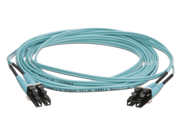 Jumper de Fibra Óptica PANDUIT FZ2ERLNLNSNM005, Multimodo 50/125 OM4, LC-LC Duplex, OFNR (Riser), Color Aqua, 5m.