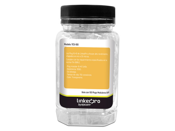 Plugs RJ45 LINKEDPRO TC5-100, Cat5e, Chapado de oro a 30 micras para durabilidad extrema, Bote con 100 Piezas.