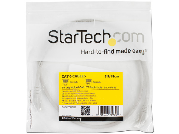 Cable de Red StarTech Cat6 UTP, RJ45, 91cm. Color Gris.