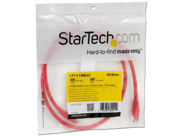 Cable Patch StarTech Cat6 UTP, RJ45, 91cm. Color Rojo.