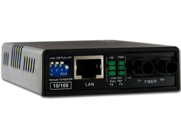 Convertidor de medios Ethernet 10/100 Mbps a fibra multimodo ST, hasta 2km.