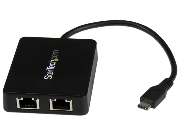 Adaptador de Red USB-C con dos Puertos Ethernet Gigabit y puerto adicional USB (Type-A).
