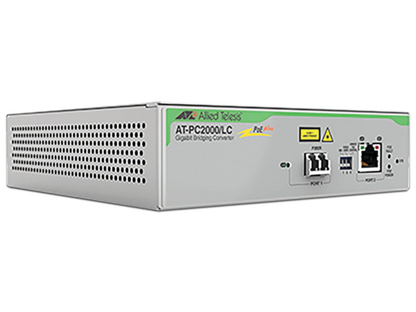 Convertidor de medios Allied Telesis de Gigabit Ethernet PoE+ a Fibra Óptica, Conector LC, multimodo (MMF), Distancia hasta 550m.