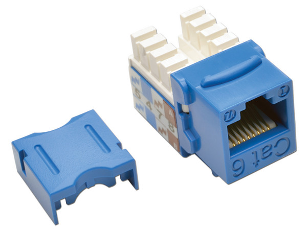 Enchufe hembra con diseño angular estilo Punch Down 110 Cat6/Cat5e. Color Azul.