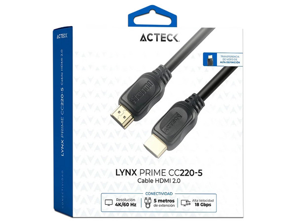 Cable de Video HDMI 2.0 Acteck LYNX PRIME CC220-5, 4K/60 Hz, HDMI a HDMI (M-M), 5m, Color Negro.