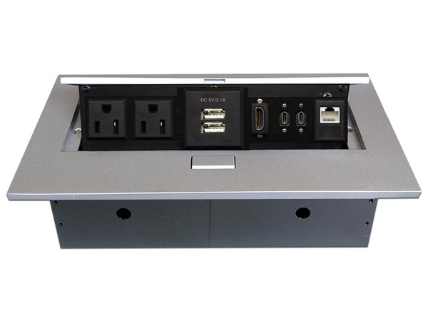 Hub BRobotix tipo Caja para Mesa, HDMI, USB Tipo A, USB Tipo C, RJ-45, Cat 6, Nema 5-15P. Color Plata.